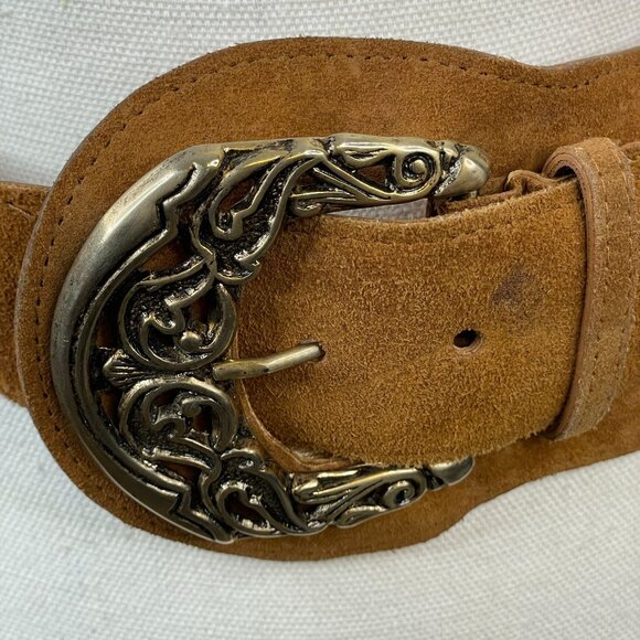 Womens Vintage Suede Leather Brass Filigree Wide Stretch Belt Heritage Boho 3" - Picture 2 of 11